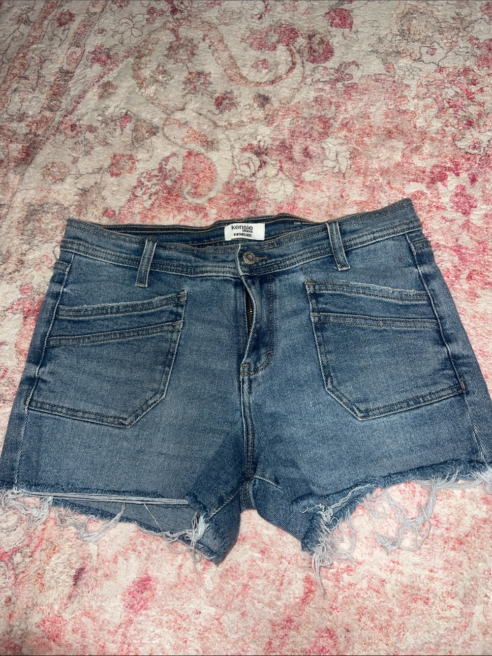 Kensie Medium Blue Denim Frayed Hem Shorts